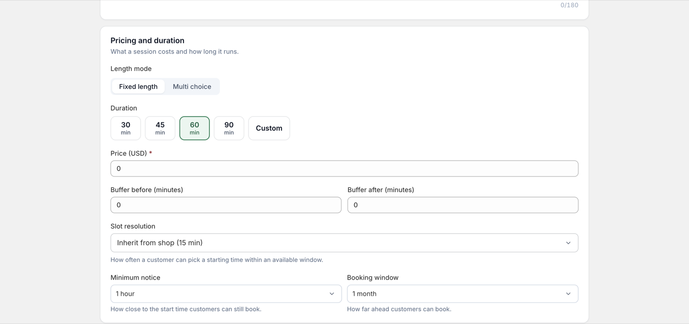 The Pricing and duration section with length mode, duration chips, and the price field