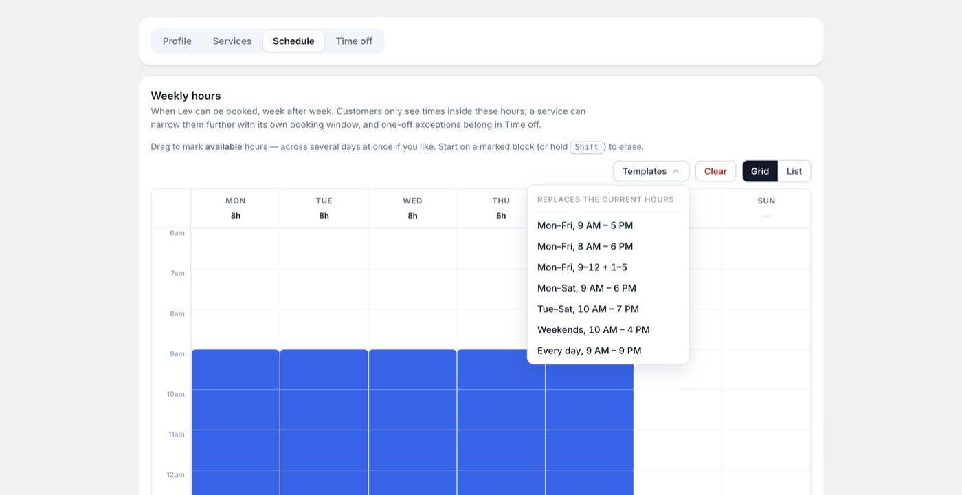 A staff member's weekly hours grid with the Templates menu open, offering presets like Mon to Fri, 9 AM to 5 PM