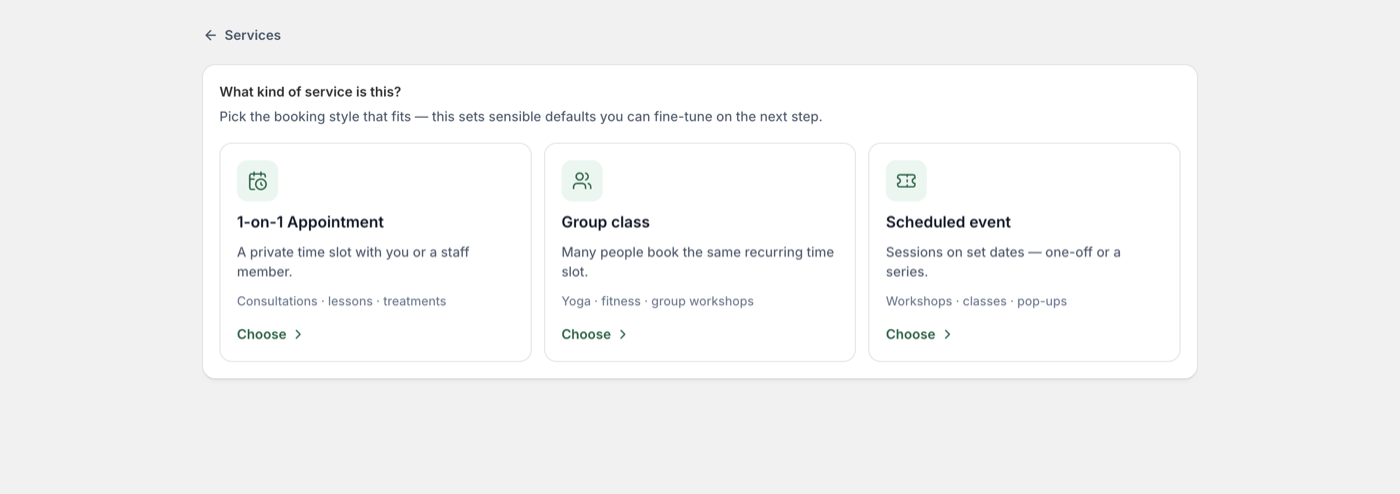 The service type chooser with 1-on-1 Appointment, Group class, and Scheduled event cards