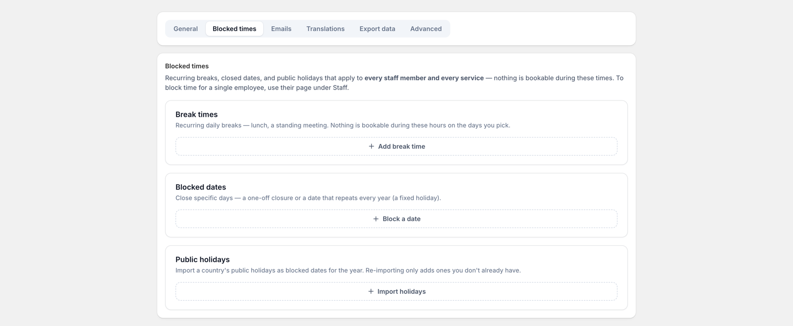The Blocked times settings tab with sections for break times, blocked dates, and public holidays