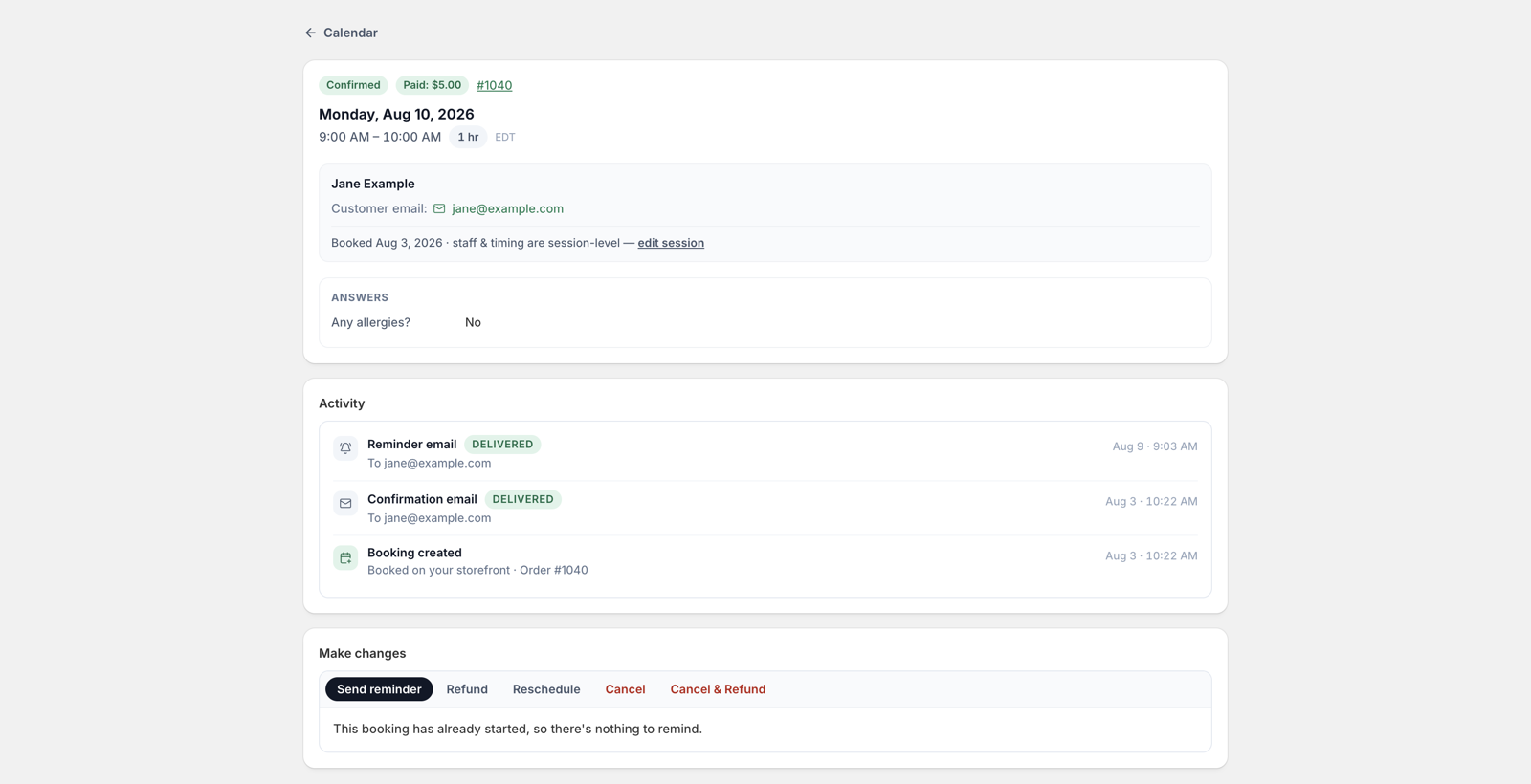 A booking detail page with customer information and the activity timeline