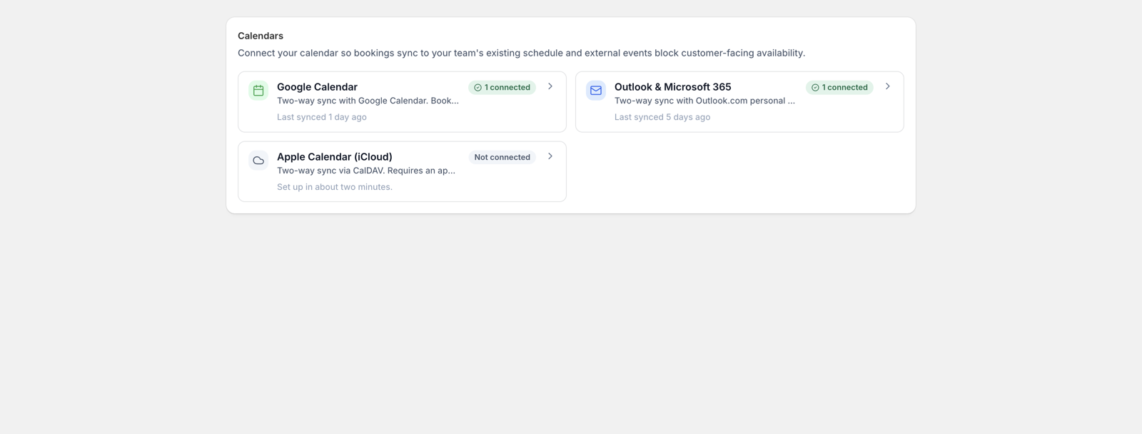 The Integrations page listing Google, Microsoft and Apple calendar connections