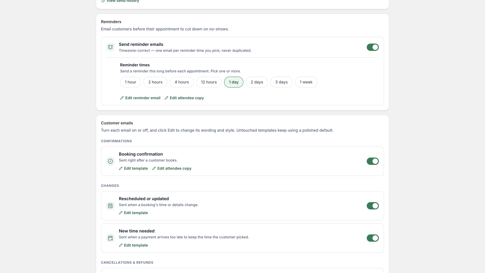 The Emails settings page listing customer email templates