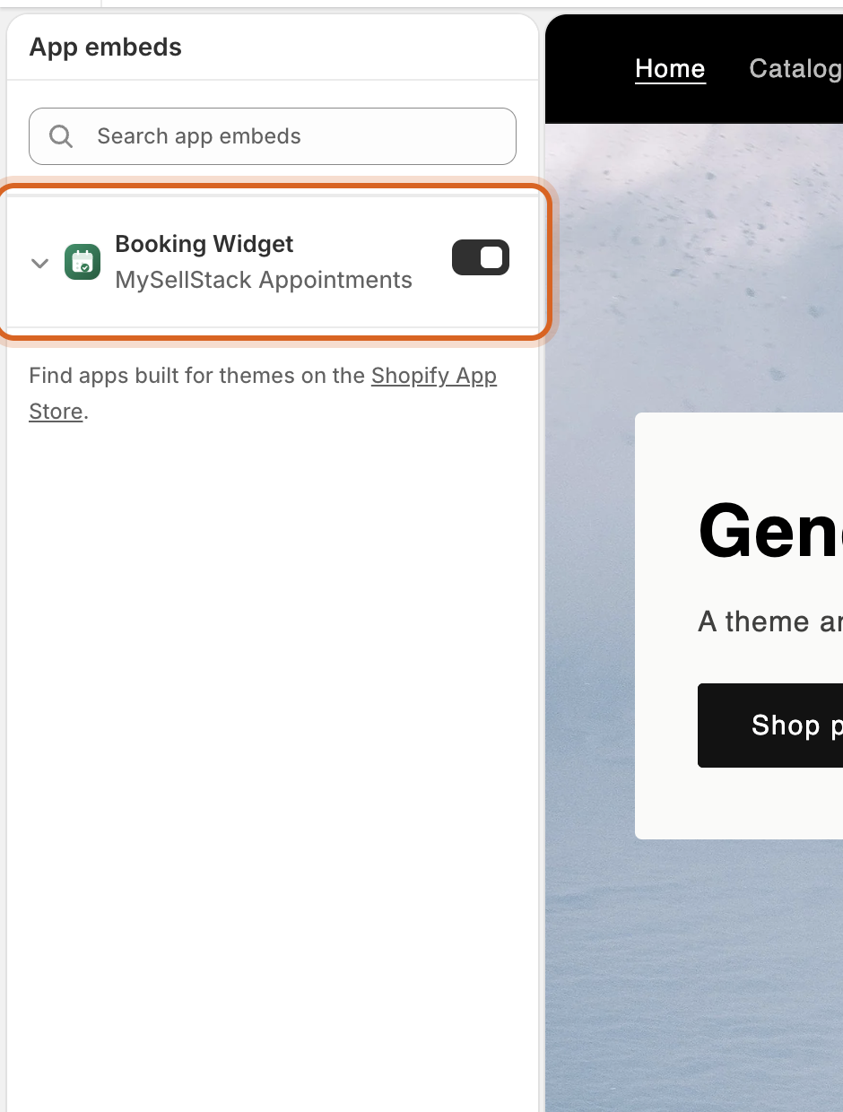The theme editor's App embeds panel with the Booking Widget embed highlighted and toggled on