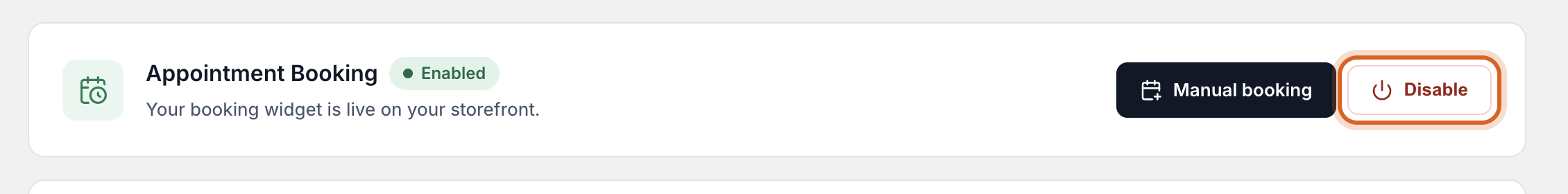 The dashboard status card with the widget Disable button highlighted