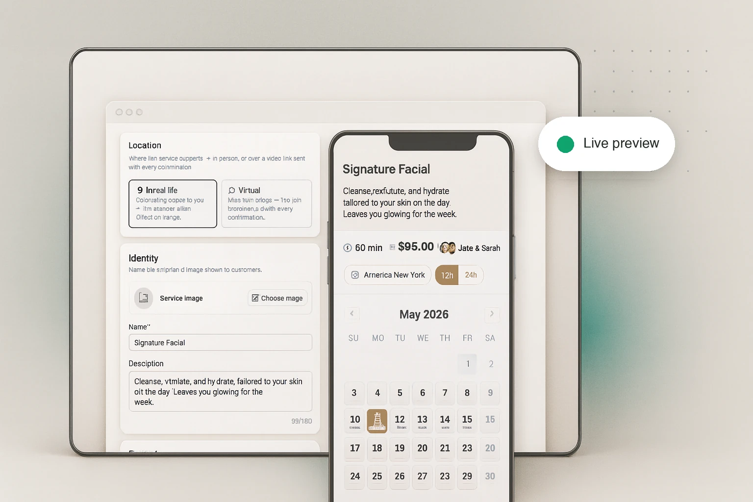 The service editor with the live storefront preview shown on a phone beside it